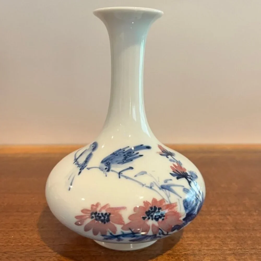 Vintage Hand Painted Birds Flowers Vase